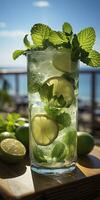 AI generated Stunning photo of cocktail mojito, a sunny summer beach in the background. Generative AI