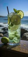 AI generated Stunning photo of cocktail mojito, a sunny summer beach in the background. Generative AI