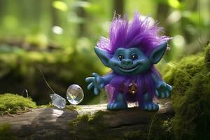 AI generated Tale troll with crystals in the forest, natural green background. Generative AI photo