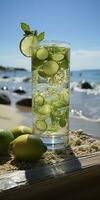 AI generated Stunning photo of cocktail mojito, a sunny summer beach in the background. Generative AI