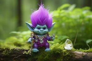 AI generated Tale troll with crystals in the forest, natural green background. Generative AI photo