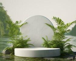 AI generated Stone product display podium for cosmetic product with green nature garden background. Generative AI photo