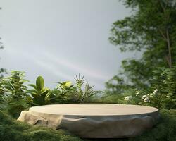 AI generated Stone product display podium for cosmetic product with green nature garden background. Generative AI photo