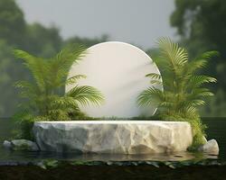 AI generated Stone product display podium for cosmetic product with green nature garden background. Generative AI photo