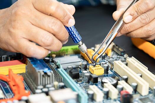 Repairing and upgrade circuit mainboard of notebook, electronic, computer hardware and technology concept. photo