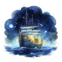 AI generated Night sea ship watercolor style for T-shirt design. AI Generated photo