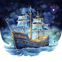 AI generated Night sea ship watercolor style for T-shirt design. AI Generated photo