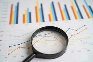 Magnifying glass on charts graphs paper. Financial development, Banking Account, Statistics, Investment Analytic research data economy. photo