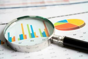 Magnifying glass on graph paper. Financial development, Banking Account, Statistics, Investment Analytic research data economy, Business concept. photo