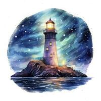 AI generated Lighthouse beside the sea at Night. watercolor for T-shirt design. AI Generated photo