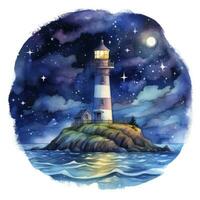 AI generated Lighthouse beside the sea at Night. watercolor for T-shirt design. AI Generated photo