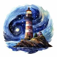 AI generated Lighthouse beside the sea at Night. watercolor for T-shirt design. AI Generated photo