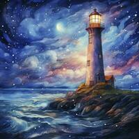 AI generated Lighthouse beside the sea at Night. watercolor for T-shirt design. AI Generated photo