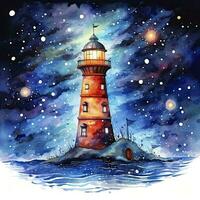 AI generated Lighthouse beside the sea at Night. watercolor for T-shirt design. AI Generated photo