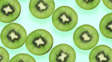 AI generated Slices of kiwi fruit and green mint leaves on a light pastel blue background. AI Generated photo