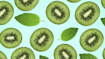 AI generated Slices of kiwi fruit and green mint leaves on a light pastel blue background. AI Generated photo