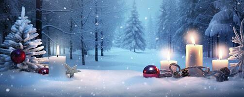 AI generated Winter Forest Landscape With Burning Candles Christmas Decoration. AI Generated photo