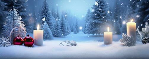 AI generated Winter Forest Landscape With Burning Candles Christmas Decoration. AI Generated photo