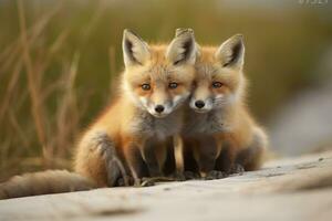 AI generated Wild baby red foxes cuddling at the beach. Generative AI photo