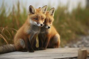 AI generated Wild baby red foxes cuddling at the beach. Generative AI photo