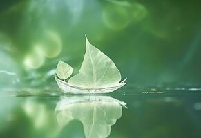 AI generated White transparent leaf on mirror surface with reflection on green background macro. Generative AI photo