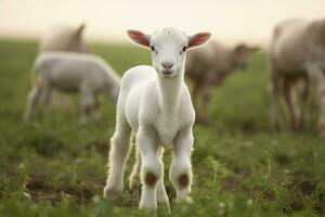 ai generado blanco Cordero en un campo en frente de otro animales generativo ai foto