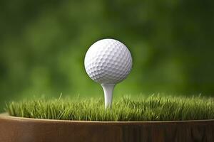 ai generado blanco golf pelota en de madera tee con césped. generativo ai foto