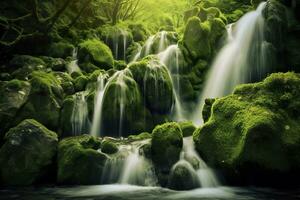 AI generated Waterfall landscape with rocks covered in green moss. AI Generated photo