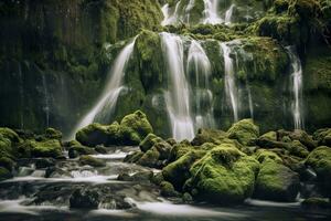 AI generated Waterfall landscape with rocks covered in green moss. AI Generated photo