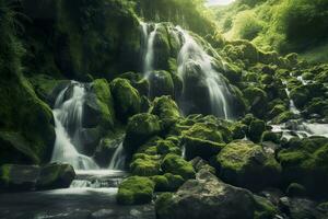 AI generated Waterfall landscape with rocks covered in green moss. AI Generated photo