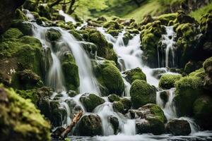 AI generated Waterfall landscape with rocks covered in green moss. AI Generated photo