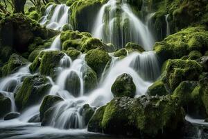 AI generated Waterfall landscape with rocks covered in green moss. AI Generated photo