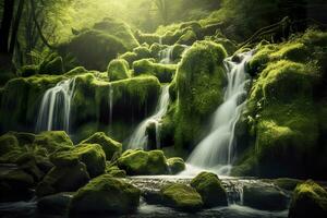 AI generated Waterfall landscape with rocks covered in green moss. AI Generated photo