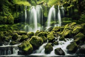 AI generated Waterfall landscape with rocks covered in green moss. AI Generated photo