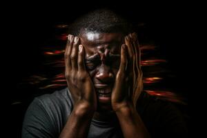 AI generated Crying african american man. Negative emotions photo