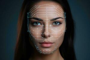 AI generated Woman with scanner grid on her face. Face id, person identify photo