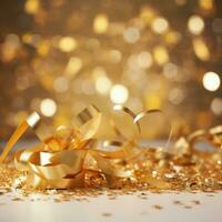 AI generated Golden blurred background with a bokeh effect, confetti, and golden ribbons. An abstract luxurious festive backdrop. Generative ai. photo