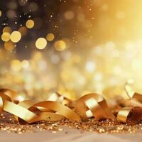 AI generated Golden blurred background with a bokeh effect, confetti, and golden ribbons. An abstract luxurious festive backdrop. Generative ai. photo