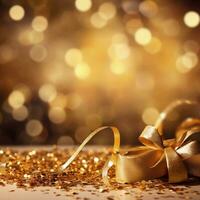 AI generated Golden blurred background with a bokeh effect, confetti, and golden ribbons. An abstract luxurious festive backdrop. Generative ai. photo