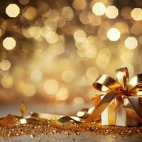 AI generated Golden blurred background with a bokeh effect, confetti, and golden ribbons. An abstract luxurious festive backdrop. Generative ai. photo