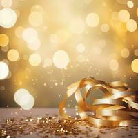 AI generated Golden blurred background with a bokeh effect, confetti, and golden ribbons. An abstract luxurious festive backdrop. Generative ai. photo