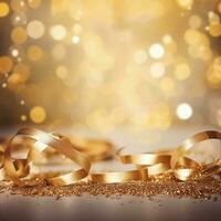 AI generated Golden blurred background with a bokeh effect, confetti, and golden ribbons. An abstract luxurious festive backdrop. Generative ai. photo