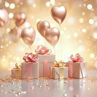 AI generated A festive romantic scene with confetti, heart-shaped pink balloons, and gift boxes, all shimmering with the sparkle of confetti and ribbons. Generative ai. photo