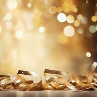 AI generated Golden blurred background with a bokeh effect, confetti, and golden ribbons. An abstract luxurious festive backdrop. Generative ai. photo