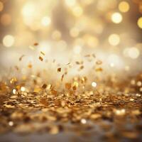 AI generated Golden blurred background with a bokeh effect and confetti. An abstract luxurious festive backdrop. Generative ai. photo