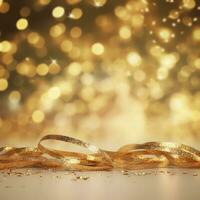 AI generated Golden blurred background with a bokeh effect, confetti, and golden ribbons. An abstract luxurious festive backdrop. Generative ai. photo