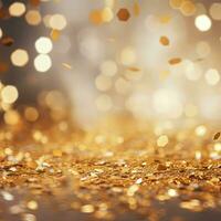 AI generated Golden blurred background with a bokeh effect and confetti. An abstract luxurious festive backdrop. Generative ai. photo