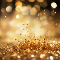 AI generated Golden blurred background with a bokeh effect and confetti. An abstract luxurious festive backdrop. Generative ai. photo