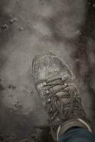 Vertical shot of hiking boot stepping into mud photo