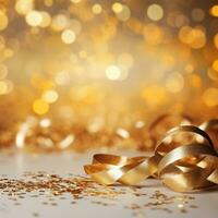 AI generated Golden blurred background with a bokeh effect, confetti, and golden ribbons. An abstract luxurious festive backdrop. Generative ai. photo